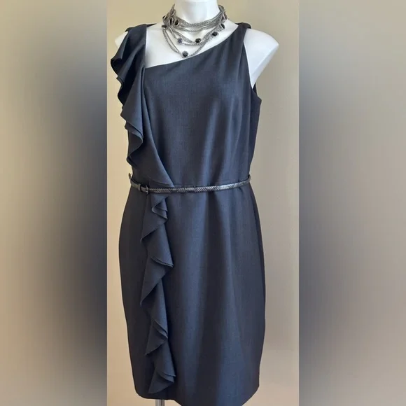 charcoal grey sheath dress Charcoal Grey 3/4 Sleeve Sheath Dress with Studded Shoulder Details (G Lovely Loot Closet